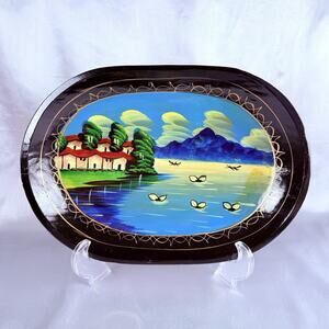 Wood Hand Painted Tray Bowl Mexican Lacquered Lake Landscape Scene 13” Vintage